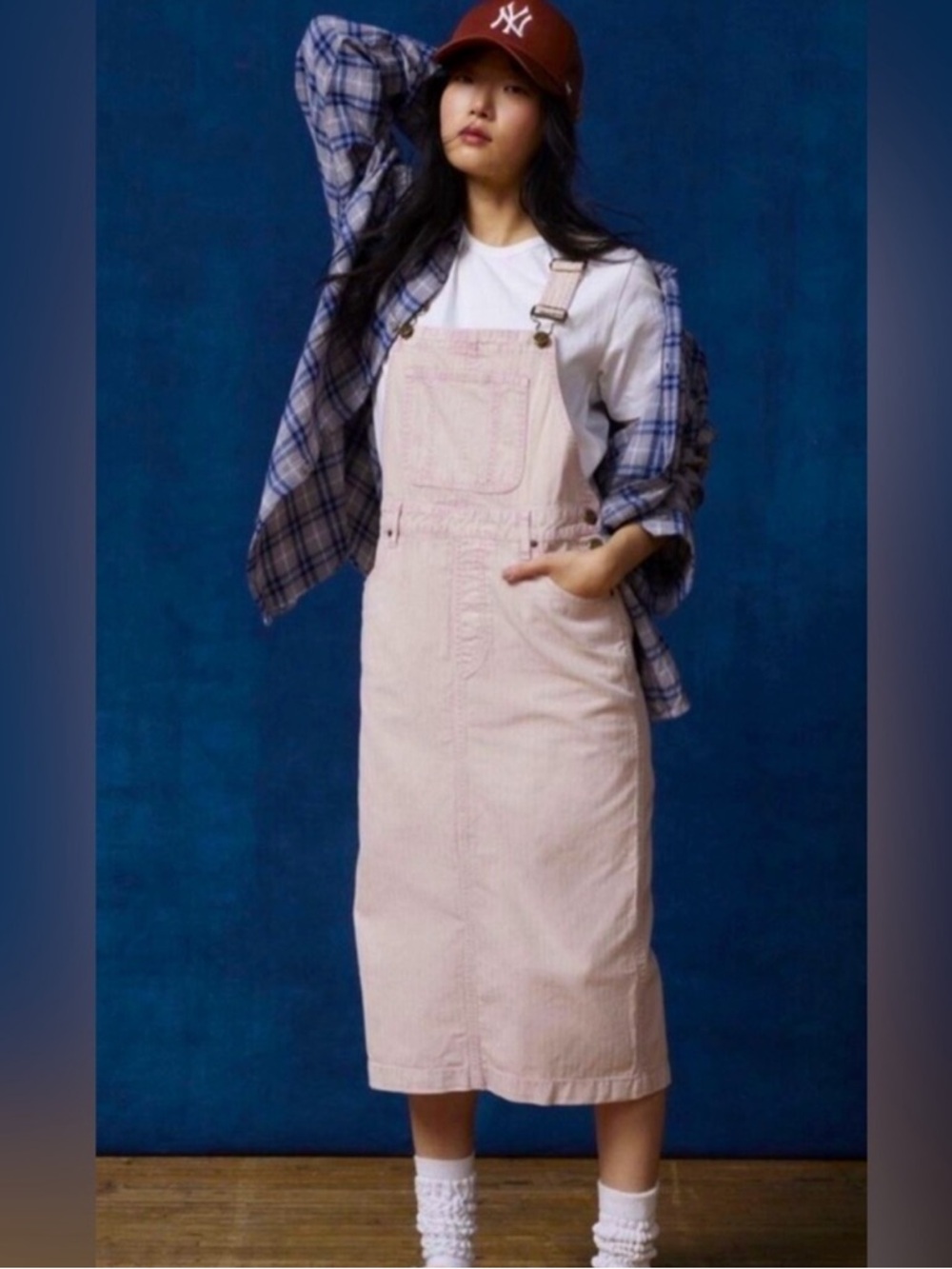BDG Soft Pink Denim Overall Midi Dress with Front Bib Pocket